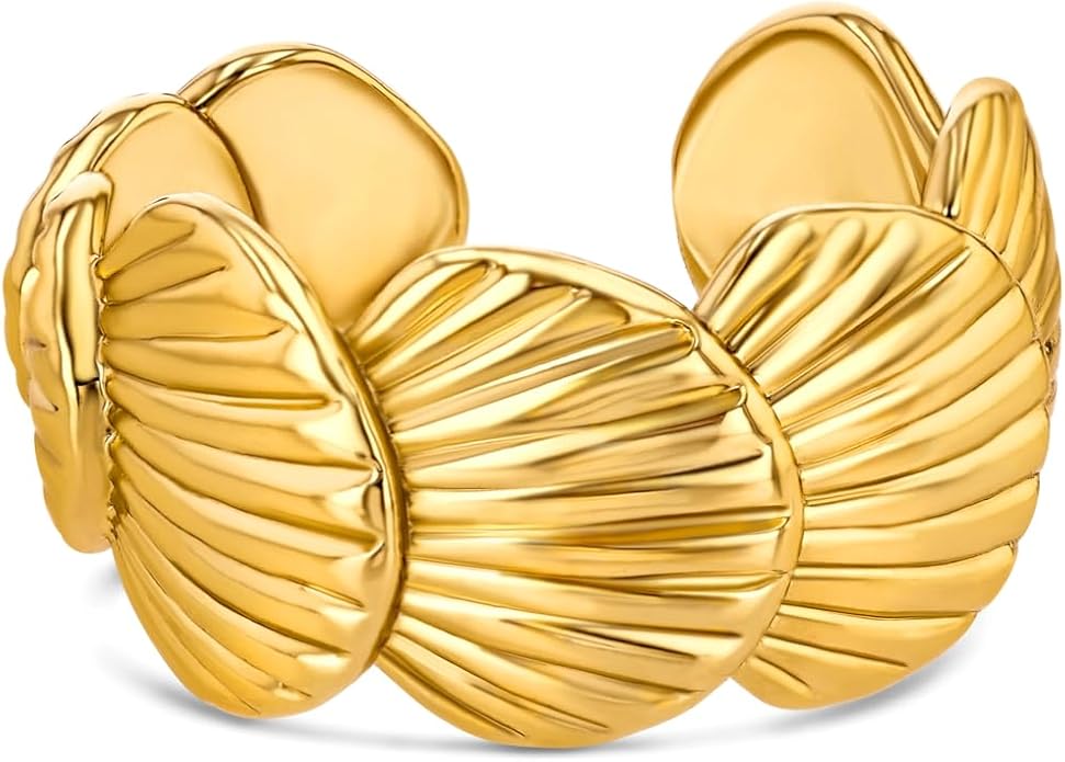 Gold Large Chunky Dainty Shell FULLY ADJUSTABLE Open Ring for Women by SNGIA, Summer Beach Handmade Adjustable Seashell Ring, Minimalist Stackable Ocean Themed Wedding Date Birthday Gift, Bold Exaggerated Irregular Wavy Trendy Ribbed Jewelry, Textured ...