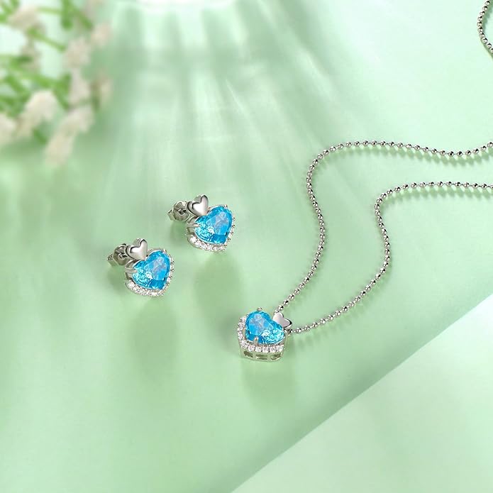 Love Heart Necklaces and Earrings with Rose Cut Birthstone Silver Plated Elegant Jewelry Set for Women CS0002