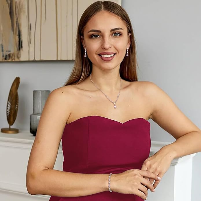 Crysdue Teardrop Bridal Jewelry Set for Wedding Party, Silver/14K/Rose Gold Plated Prom Costume Jewellery for Bride Bridesmaids Women, Cubic Zirconia Necklace Dangle Earrings Bracelet