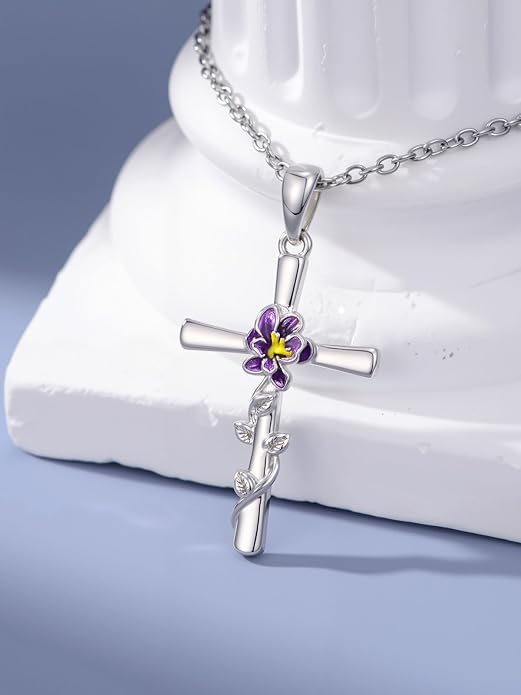 Flower Necklace Sunflower/Violet/Daffodil Necklace Sterling Silver Flower Cross Pendant Jewelry Gifts for Women
