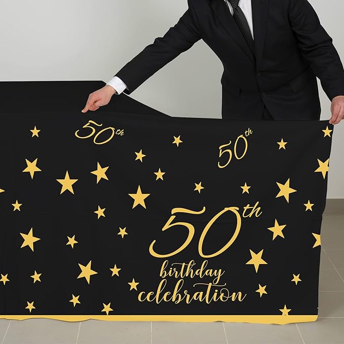 Gatherfun 50th Birthday Disposable Tablecloth 4 Pack Gold and Black Waterproof Plastic Table Cover for Men Woman 50 Birthday Party Decorations