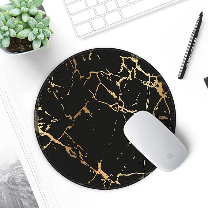 ITNRSIIET Round Mouse Pad with Stitched Edge Premium-Textured Waterproof Non-Slip Rubber Base Desktop Protection Mat Diameter 8.7 inches, Gold Texture Black Marble