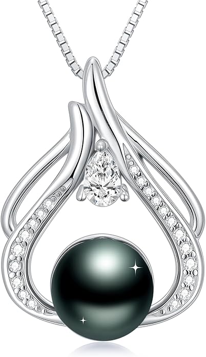 Tahitian Black Pearl 18K White Gold Plated Sterling Silver Heart/Infinity/Four Leaf Clover Pendant Necklace Jewelry Gifts for Women Wife Mom Girlfriend Wedding Birthday Anniversary Christmas