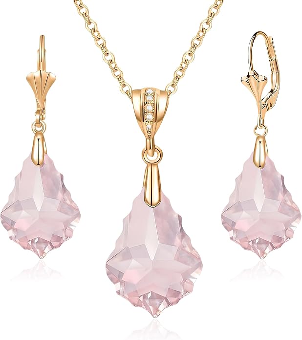 EVEVIC Austrian Crystals Baroque Pendant Necklace Earrings for Women 14K Gold Plated Hypoallergenic Leverback Drop Dangle Earrings Jewelry Set