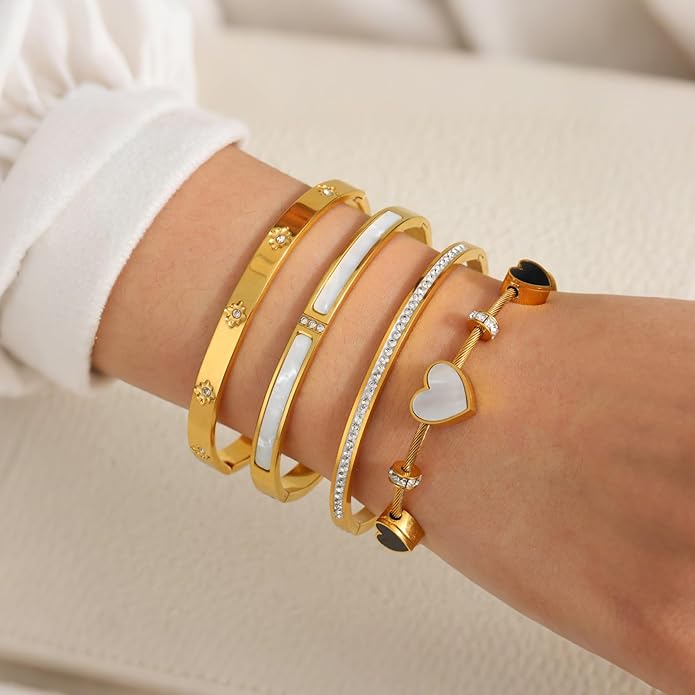 ZhiRui Women's 18K Gold Plated Stackable Bracelet Set - Waterproof Mother of Pearl Heart Cubic Zirconia Jewelry Gifts for Women