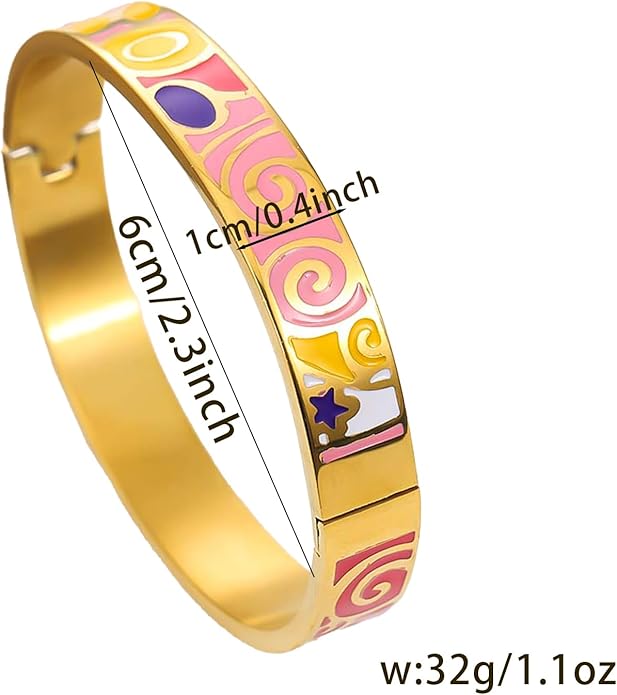 Enamel Bangle Set, 18K Gold Plated Stainless Steel, 4-Piece Bracelet Handcrafted Gorgeous Collection with Abstract and Floral Patterns, 6-7 Inch Wrist Size, Women's Fashion Jewelry