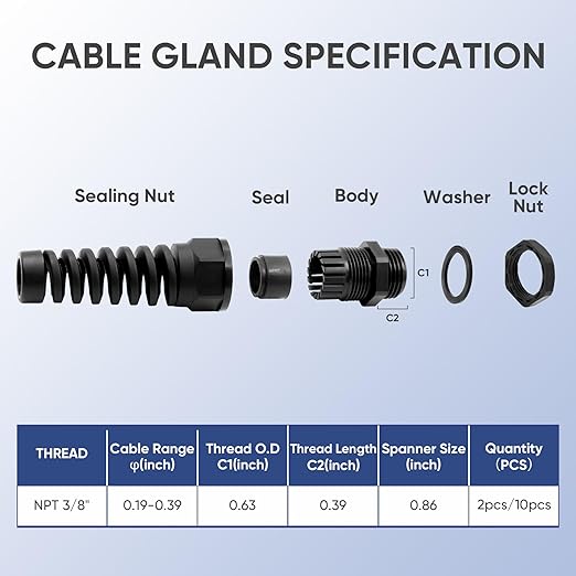Strain Relief Cord Connector,LISTENJIALE 2Pcs NPT 3/8" Waterproof Cable Gland Flex Spiral Strain Relief Adjustable 5-10mm Cable Connector Nylon Joint with Gaskets(Black)