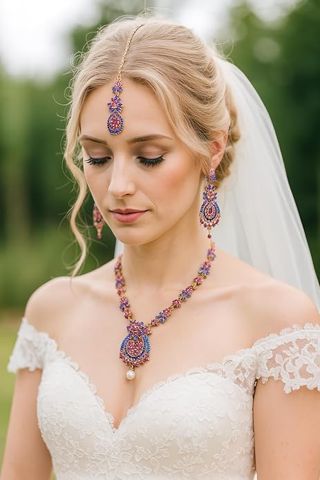 Touchstone Indian jewelry sets for women maang tikka wedding guest gold necklace bollywood jewellery set pageant elegant prom bride accessories western crystal chunky rhinestone necklaces
