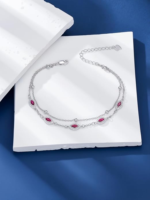 Evil Eye Birthstone Charm Link Bracelet 925 Sterling Silver Evil Eye Bracelet with 12 Months Birthstone Birthday Jewelry Gifts for Women Mom Her,Chain Length 7"+2" Extend
