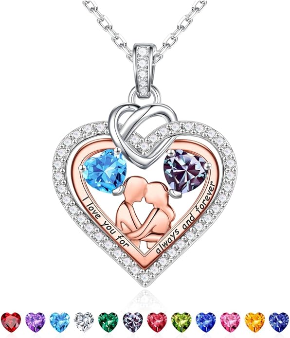 Iefil Valentines Day Gifts for Her - 925 Sterling Silver Double Heart Birthstone Necklace for Women, Anniversary Birthday Gifts for Wife I Love You Gift Couple Sitting Hugging Each Other Jewelry Gift