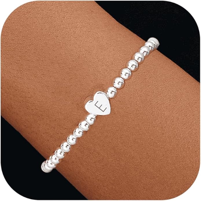 Valentines Day Gifts for Women Her - Dainty Beaded Heart Initial Bracelets Letter A-Z Charm Stretch Bead Ball Bracelet Trendy Jewelry Gifts