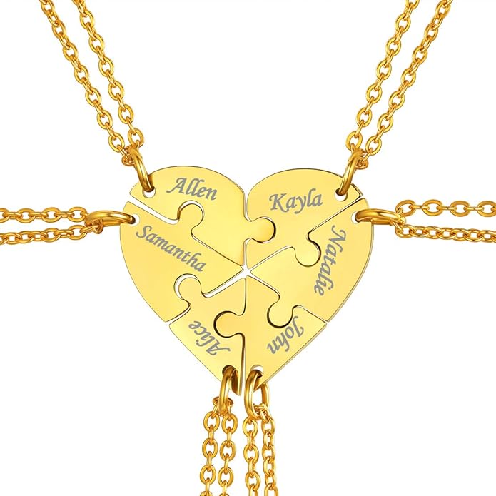 FindChic Personalized Matching BFF Necklace for 2/3/4/5/6 Puzzle Name Heart Pendant Stainless Steel Couple Necklace Set Customized Necklaces for Teen Girls