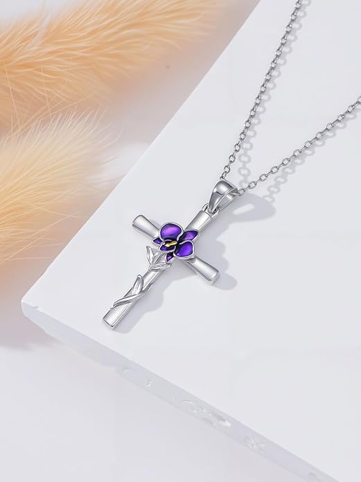 Flower Necklace Sunflower/Violet/Daffodil Necklace Sterling Silver Flower Cross Pendant Jewelry Gifts for Women