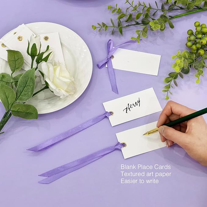 25 Pcs Name Place Cards Blank Seat Card, 2 x 4 in Table Cards with Stain Ribbon, Wedding Place Card, Hanging Tags for Wedding Table Setting Reserved Chairs Signs Dinner Banquet Parties.(Purple)