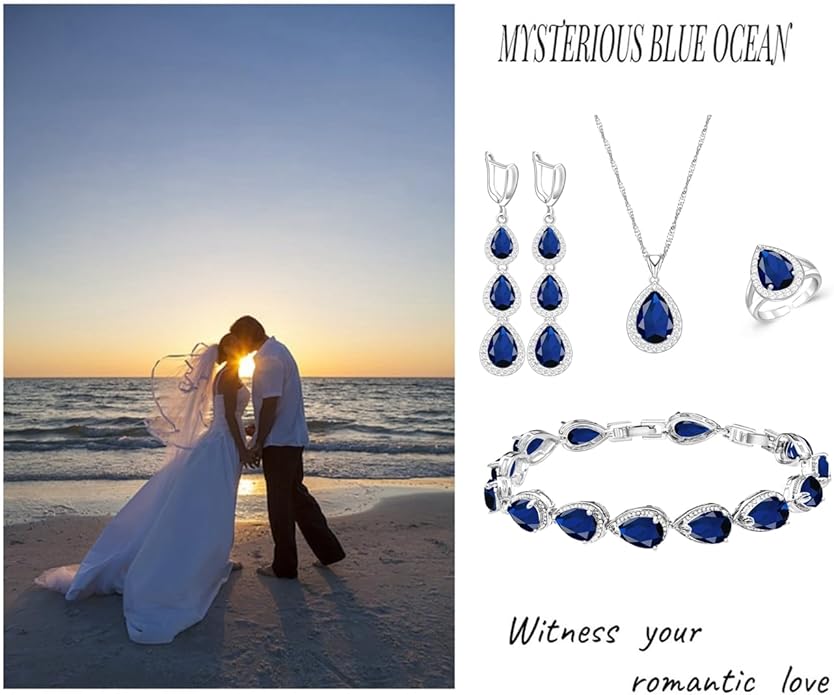 LMXXVJ Necklace Long Earrings Bracelet Set, White Gold Plated Created Blue Sapphire Jewelry Set Wedding Party Gift Jewelry for Women Bridal Bridesmaid