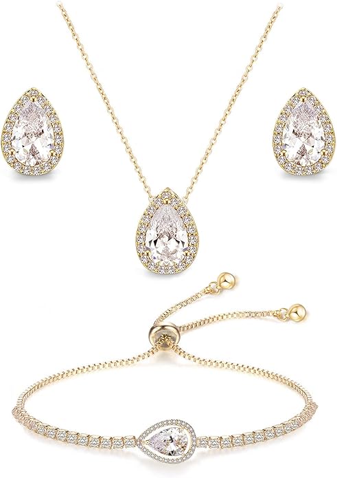 UDYLGOON Imitation Cubic Zironia Diamond Teardrop Earrings Necklace Bracelet Jewelry Set For Bride Bridesmaids Bridal Wedding Party Prom Jewelry Gift