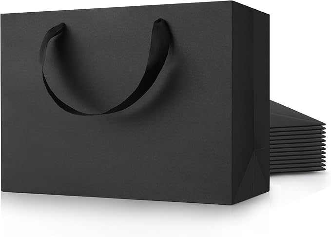 MOXARYSU Medium Large Black Gift Bags: 12.6x4x8.7 Inch 12pcs Black Paper Bags Bulk For Party Shopping Birthday Wedding (ML,12)