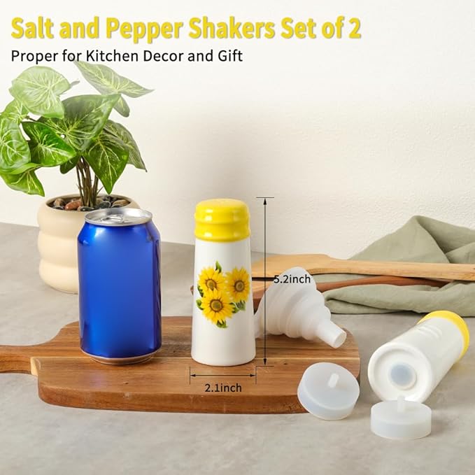 Salt and Pepper Shakers Set - HAPPY KIT 2-Count Ceramic Salt and Pepper Grinder Set with Silicone Lid and Funnel for Table, RV, Camp, BBQ Gift Box Ready (Sunflower)