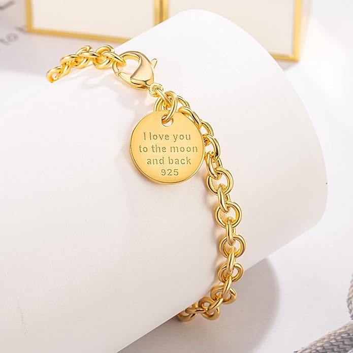 Dankadi Women 925 Sterling Silver Round Cable Wire Link Bracelet Charm Heart-Bell-Square-Circle Pendant Chain Bangle Fine Jewelry Gift For Wife Her