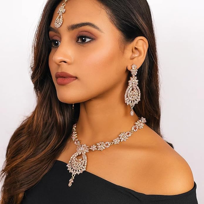 Touchstone Indian jewelry sets for women maang tikka wedding guest gold necklace bollywood jewellery set pageant elegant prom bride accessories western crystal chunky rhinestone necklaces
