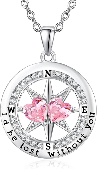 Compass Necklace for Women, Exquisite S925 Valentines Day Anniversary Birthday Gifts for Wife Her Double Birthstone Pendant Jewelry ‘I'd be Lost Without You’