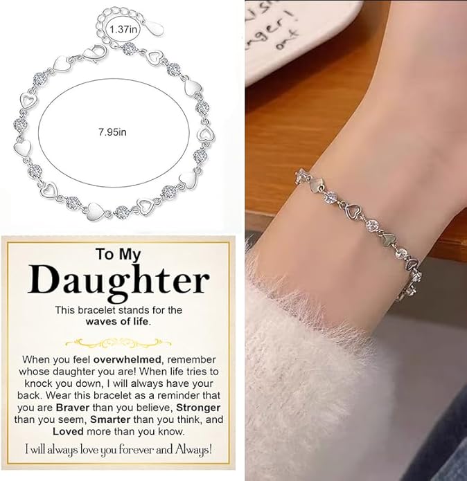 To My Daughter Bracelet, Silver Heart Chain Bracelet with Shiny Stones, Perfect Birthday or Graduation Christmas Gift for Daughter with Message Card and Gift Box