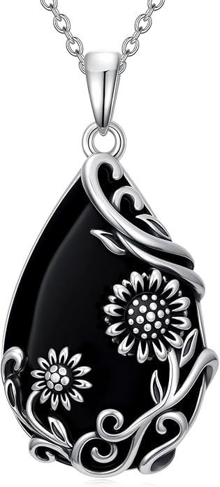 Black Onyx Necklace 925 Sterling Silver Flower Insect Pendant Teardrop Onyx Jewelry Valentines Day Birthday Gifts for Women