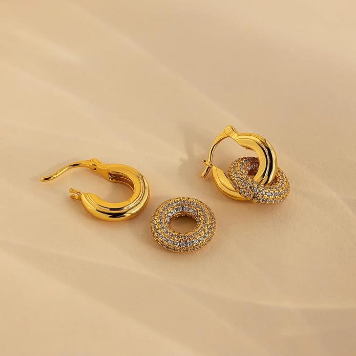 CAITLYNMINIMALIST 18K Gold Sterling Silver Double Link Drop Pave Duo Hoop Huggie Earrings Bold Jewelry for Women