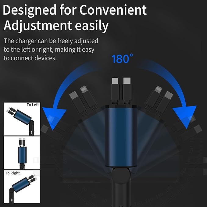 Retractable Car Charger Compatible with Galaxy Pixel, 4 in 1 Fast Charging 60W, Retractable Phone Charger for Car Retractable Cable and 2 USB Ports