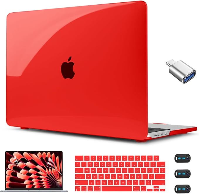 CISSOOK Compatible with MacBook Air 13.6 inch Case A3240 A3113 A2681 2025 2024 2022 Released, Plastic Hard Shell Case with Keyboard Cover USB Adapter for MacBook Air 13 M2 M3 M4, Crystal Red