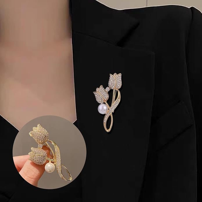 Crystal Pearl Flower Brooches Pins Fashion Beautiful Created Rhinestone Floral Brooch Good Idea for Party Dance Wedding Banquet for Elegant Women Girl
