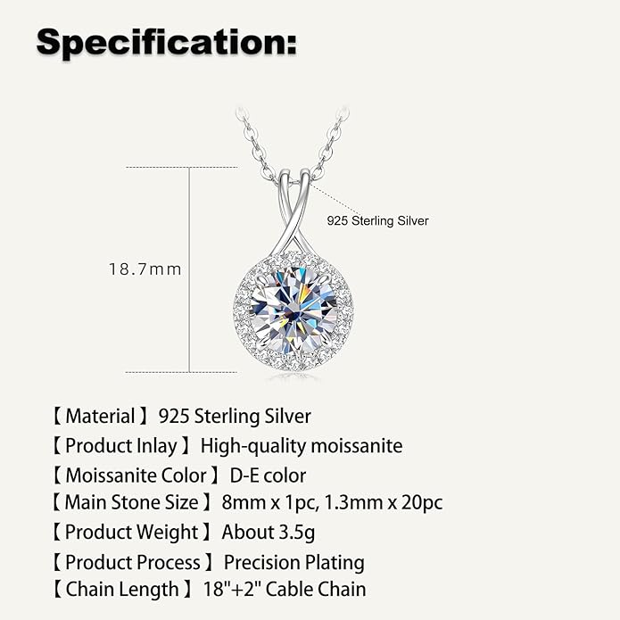 2CT Infinity Moissanite Pendant Necklace, Round Cut 8mm D Color Halo Necklace 925 Sterling Silver Adjustable Chain, Elegant Jewelry Gifts for Women