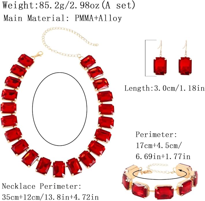 KOSMOS-LI Rectangle Faux Crystal Jewelry Sets Includ Necklace Bracelet Earrings For Women Stocking Stuffers