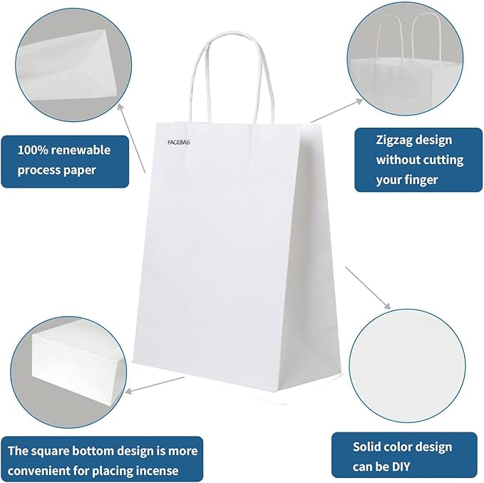 FACEBAG 50 PCS White Paper Bags with Handles Bulk, 8x4.25x10.5 Inches,Medium-sized White Gift Bags with Handles for Party Favors，Take-Out，Grocery Shopping & Retail，Reusable & Durable