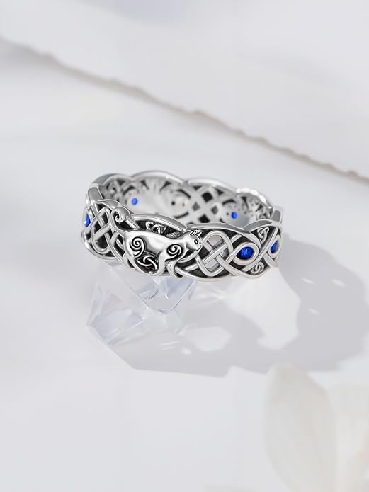 Seiyang Celtic Cat Ring 925 Sterling Silver Irish Trinity Knot Celtic Cat Wedding Promise Ring with 12 Months Birthstone Irish Lucky Jewelry Gifts for Women Mom Her