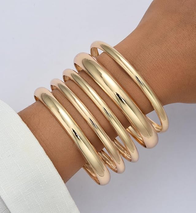 Chunky Gold Bangle Bracelets for Women, Dainty 14k Gold Plated Big Stackable Bangles Set, Trendy Statement Cuff Bracelet Stack Fashion Jewelry Christmas Gifts