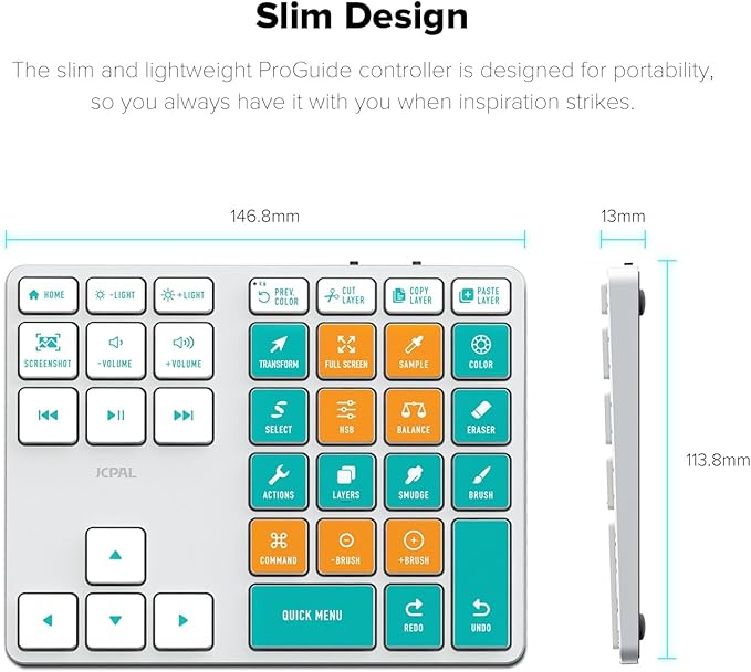 JCPAL ProGuide Wireless Keyboard for Procreate - Bluetooth Rechargeable Macro Pad Mini Keyboard for iPad Procreate with 35 Color-Coded Buttons
