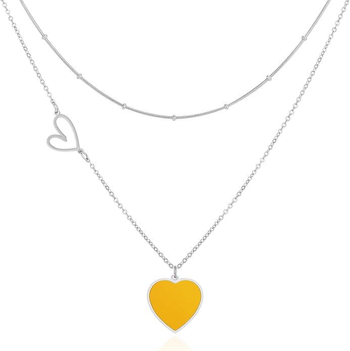 Linawe Layered Choker Heart Pendant Necklace for Women Trendy, Gold/Silver/Rose Gold Chain Stainless Steel Stacked Necklaces, Double Heart Necklace Y2K Preppy Jewelry