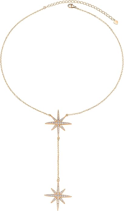 Savlano 14K Gold Plated Cubic Zirconia Round Cut Starburst 18 Inches Pendant Chain Necklace For Women