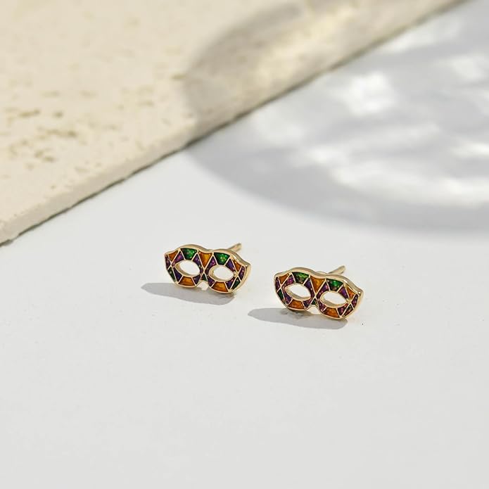 MardiGras Stud Earrings for Women Glitter Delicate Compact Flower Mask Hat Lips Stud Earring Charm Green Purple Gold Carnival Earring Cute MardiGras Jewelry Accessories for Women