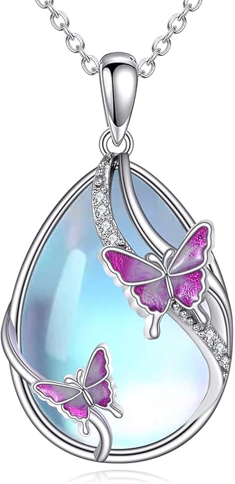 KQF Dragonfly/Butterlfy/Cat/Jellyfish/Bunny/Axolotl/Bee/Mermaid/Hummingbird/Elephant Necklace for Women Sterling Silver Moonstone Pendant Necklace Dragonfly Jewelry Gifts for Women