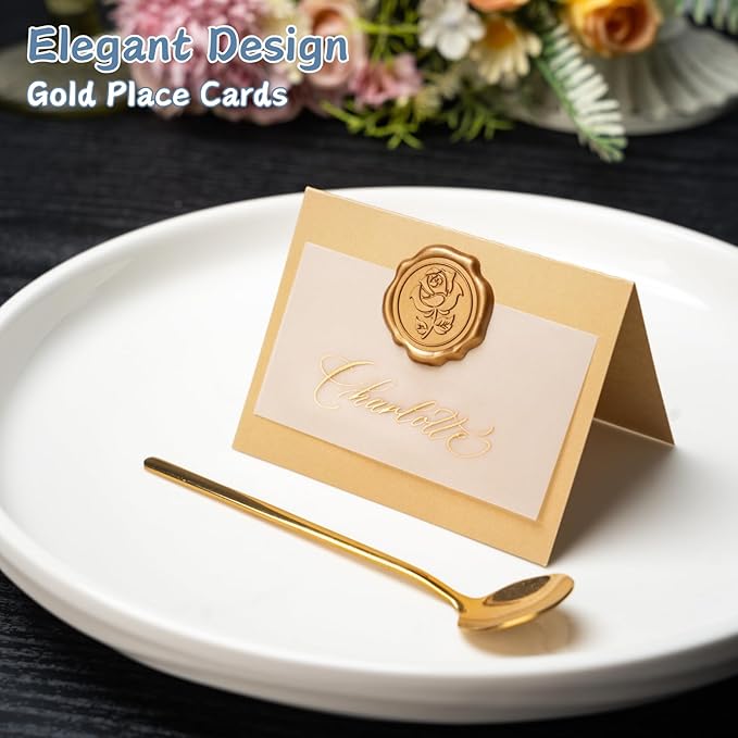 25 Pack Name Cards for Table Setting, Place Cards with Antique Gold Rose Wax Seal Sticker for Wedding, Table Tent Card Stock Handmade Decor for Party, Dinner, Home(Pearlized Gold)