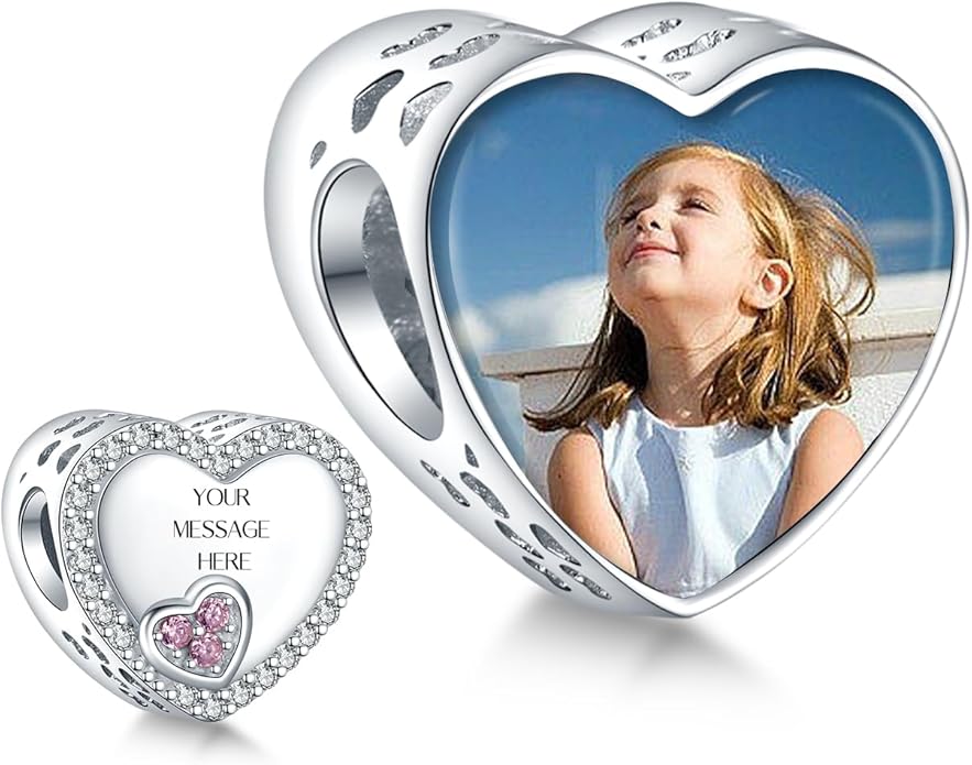 Annmors Personalized Photo Charm for Bracelet Necklaces,925 Sterling Silver Charm Love Heart Shaped Engraved Customize Picture Gift for Birthday Mother's Day Christmas,Bead Charms Jewelry for Women