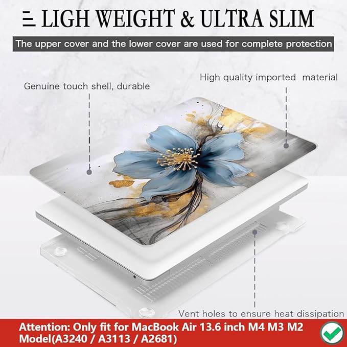 CISSOOK for MacBook Air 13.6 inch Case 2025 2024 2023 2022 Release Model A3240 A3113 A2681, Laptop Hard Shell Cases with Keyboard Cover Type C Adapter for MacBook Air 13 M2 M3 M4, Retro Golden Floral