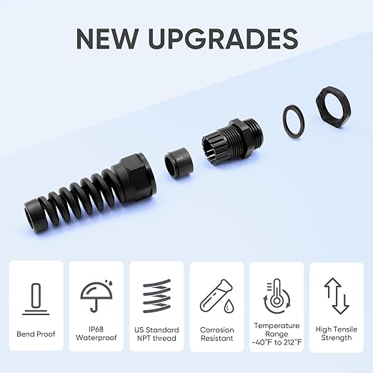 Strain Relief Cord Connector,LISTENJIALE 2Pcs NPT 1" Waterproof Cable Gland Flex Spiral Strain Relief Adjustable 18-25mm Cable Connector Nylon Joint with Gaskets(Black)