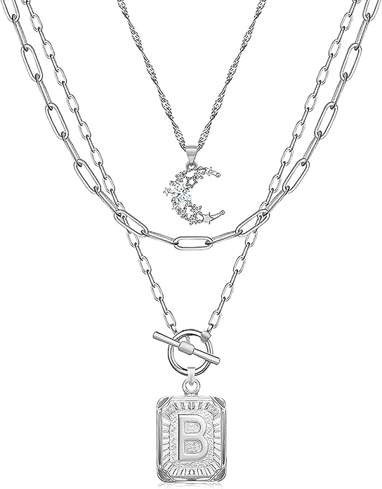 MJartoria Layered Initial Necklaces for Women Trendy, 14K Gold Plated Brass Simple Moon Choker Square Letter Pendant Necklace, Paperclip Chain Necklaces Jewelry Gifts