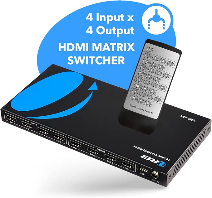 OREI 4x4 HDMI 4K Matrix Switch/Splitter, (4-Input, 4-Output) with Remote Control Supports UltraHD 4K@60Hz 4:4:4, HDR, YUV, HDMI 2.0, HDCP 2.2, 3D, 1080p, 18 GBPS - Downscaler (4K & 1080p Together)