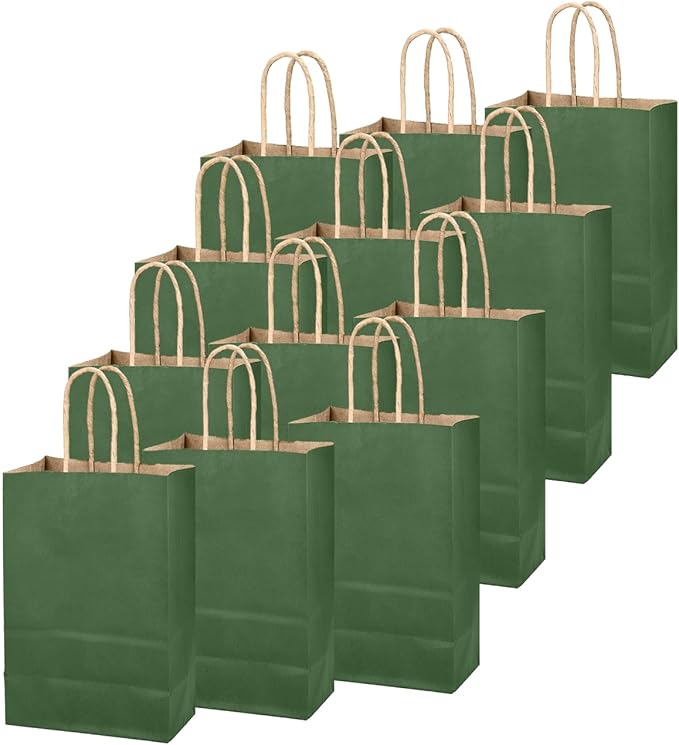 qiqee Dark Olive Green Gift Bag with Handles Bulk 24Pcs Paper Bags -10.6"x8.3"x4.3"Party Favor Bags - Solid Color