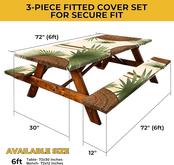 RNOONY 6ft Polyester Picnic Table Cover with Bench Covers Windproof & Waterproof Tablecloth, Perfect for Camping Gifts & RV Essentials, Cool Camping Gadgets with Carrying Bag 72x30 Inches 4Pcs Tree