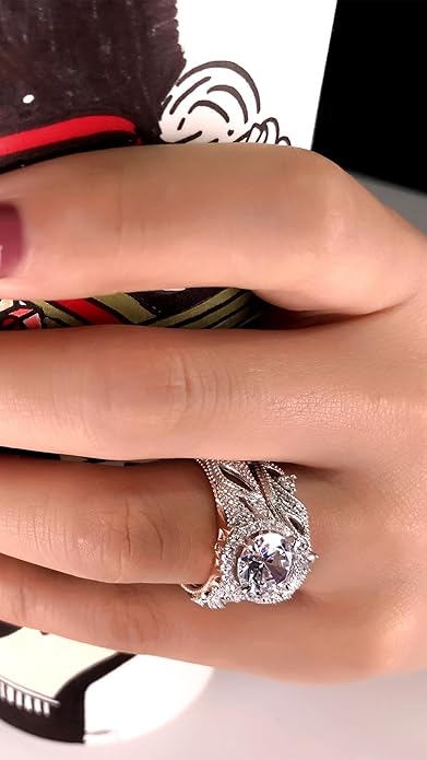 Jeulia 4 Carat Openwork Ring Sets for Women 925 Sterling Silver Wedding Sets Rose Gold Round Cut Halo Engagement Ring White Diamond band CZ Solitaire Anniversary Promise Rings